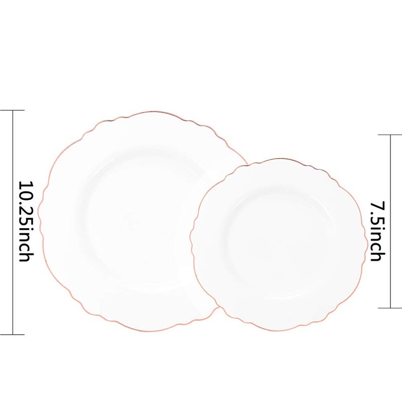 WDF 60pcs Rose Gold Plastic Plates-Baroque White &Rose Gold Disposable Plates including 30Plastic Dinner Plates 10.25inch, 30 Salad Plates 7.5inch for Wedding, Parties, Valentines Day - Image 5